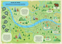 Load image into Gallery viewer, Pages 8-9 show map of green spaces and rivers. Across the map are dotted lines connected to footprints on one side and a named animal on the other. Main section reads &quot;Follow the tracks, yellowstone national park in North America is home to many different animals. follow the lines to see which track belongs to which creature.&quot; Other textboxes on the page have facts about the park. 
