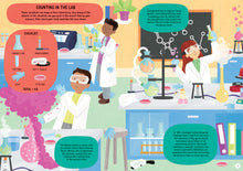 Load image into Gallery viewer, Pages 4-5 titled &#39;counting in the lab&#39; and show 3 scientists (1 light-skinned man, 1 medium-skinned man, 1 light-skinned woman) conducting experiments using flasks. There&#39;s a checklist of images and 3 text boxes with science facts. Main section reads &quot;these scientists are busy in their laboratory. How many of the objects in the checklist can you spot in the scene? Add up your answers, then check your total matches the one shown.&quot;
