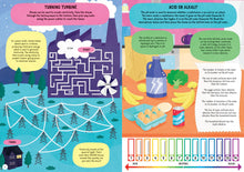 Load image into Gallery viewer, Page 6 reads &quot;turning turbine&quot; and shows building with maze leading to turbine, then outside to power cable network maze leading to a house. 2 fact text boxes. Page 6 reads &quot;acid or alkali?&quot; and shows illustrations of food and bottle on a table. Across the bottom is a scale from 1-14 ranging from acid to neutral to alkali. 4 text boxes on this page.
