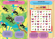 Load image into Gallery viewer, Page 8 reads &quot;Salamander Shadow&quot; and shows illustration of salamander with 4 different shadows. Three text boxes show facts about shadows. Page 9 reads &quot;Taste-bud trail&quot; and various illustrations of limes, soy sauce, chilli and noodles across a white paper. 2 text boxes along the bottom. 
