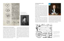 Load image into Gallery viewer, Pages 16-17 have combination of paragraphs, portraits of Leonard da Vinci and Robert Hooke (both white men), photos of Leonardo&#39;s notebook and illustrations of 18th century wheel designs. Section headings read &quot;spinning goddess of the mad emperor&quot; and &quot;to prevent gnawing, rubbing and fretting&quot;. 
