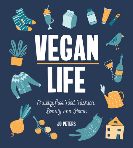 Blue book cover has blue and yellow illustrations of clothes, household products, food, clothes and more. Tagline reads 'cruelty-free food, fashion, beauty and home'. 