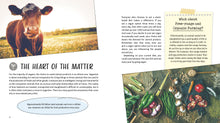 Load image into Gallery viewer, Pages 8-9 show photographs of a brown cow in a field and a wooden table with vegetables, a pomegranate a chopping board, and a knife. Page title reads &#39;The heart of the matter&#39; followed by 2 paragraphs, a text box reading &#39;what about free-range and organic farming?&#39; with a paragraph underneath. A sentence on a blue background and circled reads &#39;approximately 60 billion land animals and over a trillion sea creatures are killed for food production every year.&#39; 
