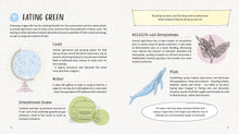 Load image into Gallery viewer, Pages 10-11 titled &#39;eating green&#39; with subsections &#39;land, water, greenhouse gases, wildlife and ecoystems, fish&#39;. Illustrations include a globe, a car, some leaves and a blue whale. A highlighted text box reads &#39;by giving up meat, you&#39;ll be doing more to reduce your carbon footprint than by giving up your car!&#39;
