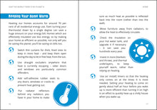 Load image into Gallery viewer, Pages 16 and 17 on &quot;keeping your home warm&quot;. Paragraph is followed by 8 bullet points across both pages. Bullet points are little earth&#39;s. Illustrations of thermometer on left page, sun on right. 
