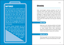 Load image into Gallery viewer, Pages 24-25. Left page is blue and two paragraphs on &#39;Batteries&#39; inside battery shape. Right page is white background on &#39;Cleaning&#39;. Paragraph is followed by section heading &#39;home made&#39;, long sentence, section heading &#39;make your own&#39;, and one sentence. 
