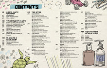Load image into Gallery viewer, Contents page shows section headings and what subjects are on each page. Illustrations of a green turtle, straws, a toy car, and two pump bottles.
