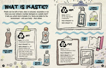 Load image into Gallery viewer, Pages 8-9 titled &quot;what is plastic&quot; with sections explaining what is PET, HDPE and PVC, whether they are easy to recycle, safe to reuse and at least two examples of each. Main text reads &quot;plastic can be soft or hard, clear or coloured, recyclable or not. Have you ever noticed a number stamped on a plastic item? It tells you which kind of plastic it is. Some are better for the environment - and your body - than others.&quot;
