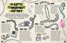 Load image into Gallery viewer, Pages 12-13 titled &quot;Plastic through history&quot; show the evolution of plastic from 1860s to today. Illustrations show different watch types, toys and a telephone. Main text reads &quot;About 150 years ago, plastic was a really great invention that solved a lot of problems. But the benefits of plastic came at a cost - a cost that is too great for our planet and for our own health.&quot;
