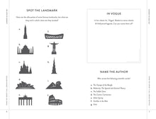 Load image into Gallery viewer, Pages 6-7 have sections &quot;spot the landmark, in vogue&quot; and &quot;name the author&quot;. Below the first question are 10 shaded landmarks. Under the last question are a list of 7 science books. 
