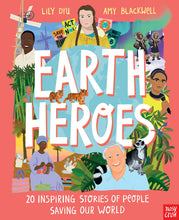 Load image into Gallery viewer, Pink-orange book cover shows the title and subtitle in capital white letters. Illustrations show 8 people including Greta Thunberg (a white woman) and David Attenborough (a white man). There are 4 medium-skinned people (one woman, one man, two androgenous people wearing indigenous clothing in the snow with the northern lights), a Black woman with a head covering making bags out of plastic bags, and a Black man around windmills.
