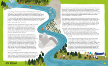 Load image into Gallery viewer, Pages 26-27 are pages continuing on about Rok Rozman (a white Slovenian man). There are two pages of text with 7 large paragraphs. In the margins an illustrated river flows, with a kayak. At one end of the river there are people (all light-skinned, mix of men and women, some women wearing headcoverings) protesting and holding signs saying &#39;stop the dams&#39;, &#39;no dams&#39;, and &#39;ban the dam&#39;.  
