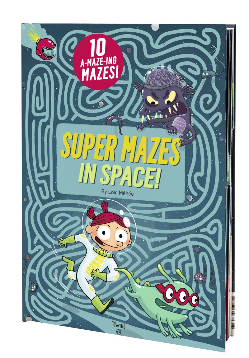 Blue book cover with mazes and illustrations of aliens and a light-skinned girl with pink pigtails wearing a space suit. Cover reads 