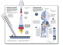 Load image into Gallery viewer, Inside spread. Left page title reads &#39;Ready for Takeoff!&#39; with a rocket blasting off from the ground. Each section of the rocket is labeled. Right page title reads &quot;the spacecraft&quot; and shows the inside fo the rocket with astronauts and other labels. Visible photos show light-skinned people. Both pages have moveable parts or lift the flaps. 

