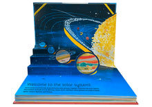 Load image into Gallery viewer, Inside page shows pop-up of labelled planets in the solar system around the sun. Text below reads &quot;welcome to the solar system! Earth travels around the sun along with seven other planets. Together they form our solar system. Some planets are made of rock: Mercury, Venus, Earth and Mars. Other planets are made of gases: Jupiter, Saturn, Neptune and Uranus.&quot; Planets popping up on the page are Neptune, Uranus, Saturn and Jupiter while the other 4 planets are illustrated flat against the page.
