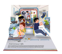 Load image into Gallery viewer, Inside spread reads &quot;Astronaut life&quot; with illustrations and pop-ups of 3 light-skinned people (1 woman, two men), 1 medium-skinned man, and 1 Black woman. These astronauts are using computers, eating, working in the laboratory, exercising and sleeping. 
