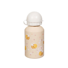 Load image into Gallery viewer, Cream coloured metal bottle with colour illustrations of smiling bees and purple, pink and orange flowers. The cap is a white dome.
