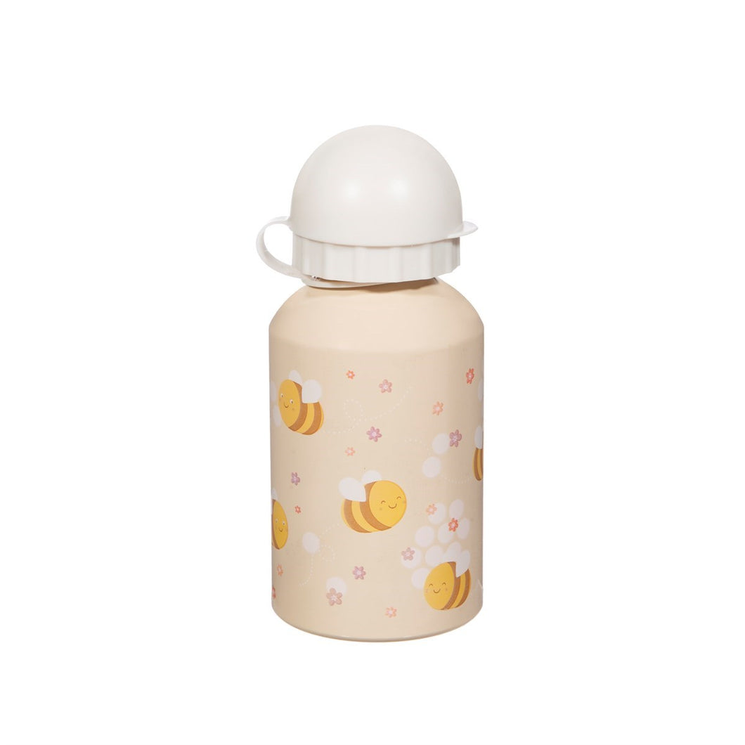 Cream coloured metal bottle with colour illustrations of smiling bees and purple, pink and orange flowers. The cap is a white dome.