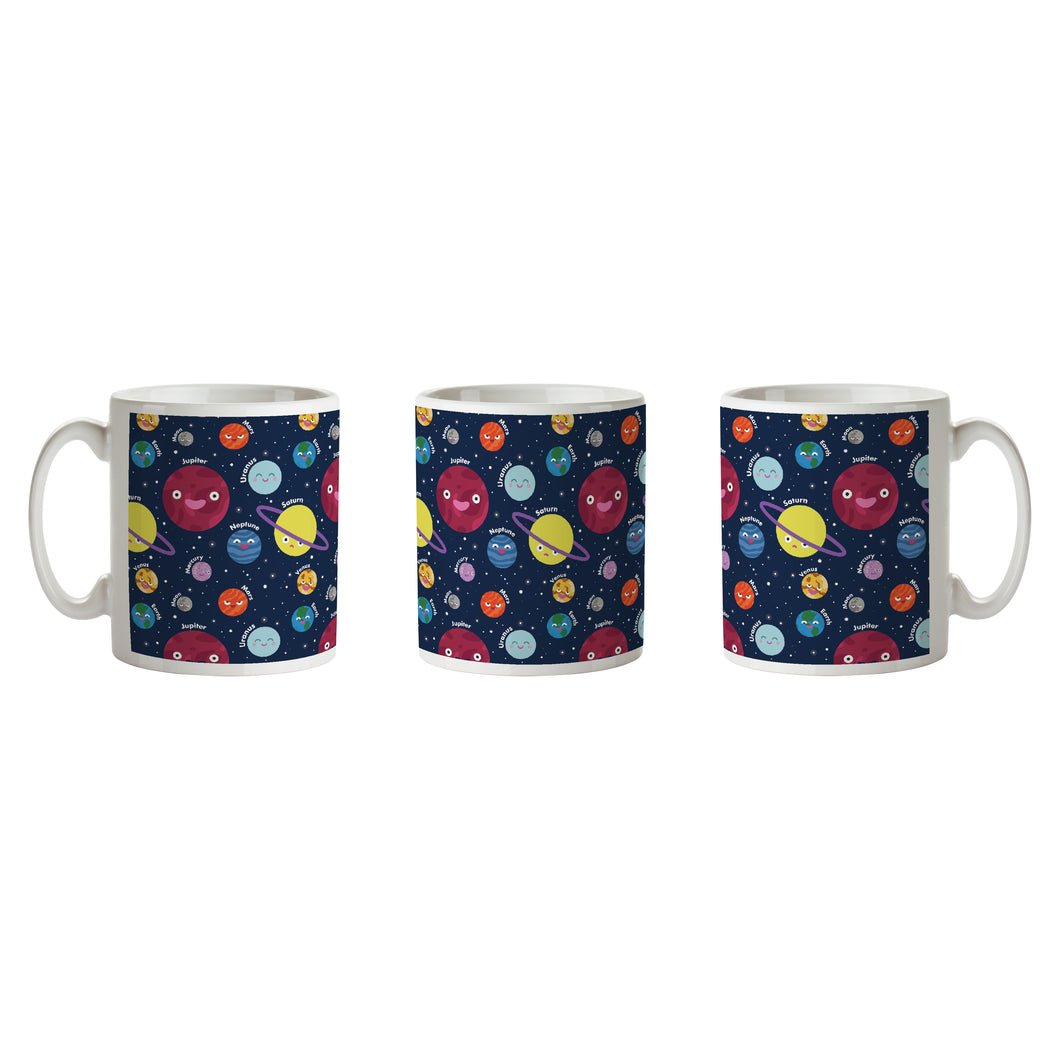 White mug with a pattern wrapped around. Background of pattern is dark blue, and on the pattern are colourful illustrations of the planets, each pulling a different face. Mug shown from 3 sides. 