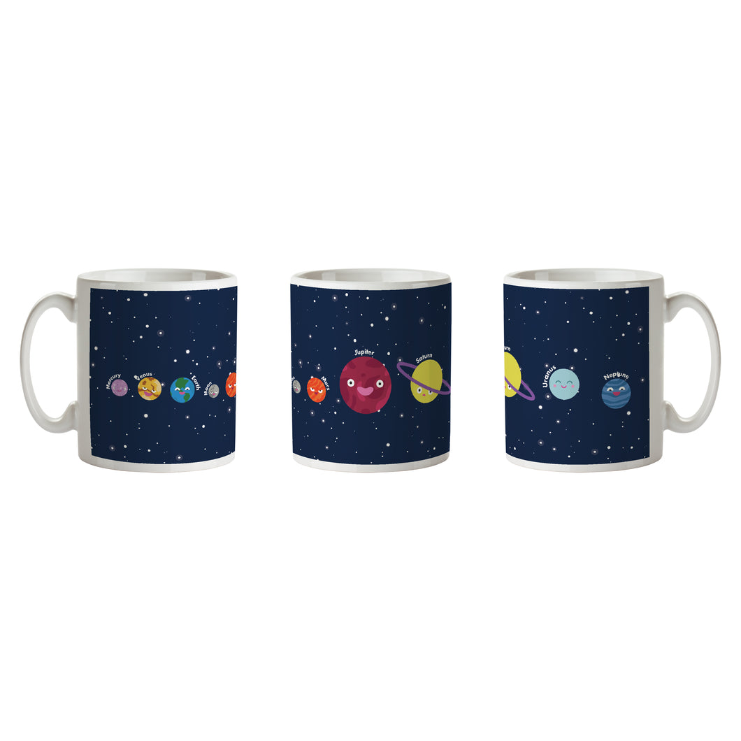 White mug with pattern wrapped. Pattern shows dark blue background with white dots for stars, and planets in a line from Mercury to Neptune. Each planet is a different colour and making a different face. Mug is shown from 3 sides.