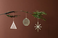 Load image into Gallery viewer, Three brass ornaments on a branch. Tree, bauble and star. 
