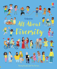 Load image into Gallery viewer, Book cover is blue with illustrations of people. There are a mix of races, ages, and genders. One child is in a wheelchair, a woman has vitaligo. There areinterracial and same sex couples. 
