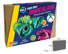 Load image into Gallery viewer, Packaging is a cardboard box with a blue sleeve with photo of assembled teal and green card binoculars. Packaging reads &#39;build your own binoculars, 71 piece slot together cardboard kit&#39;. Graphics explain the kit has 6 x magnification, that the binoculars include a stand, and &#39;less plastic&#39;. Along the bottom reads &#39;No glue, no mess, no fuss!&#39;. In the bottom right a light-skinned boy holds the binoculars to his eyes. In the bottom right of the entire photo is the dimensions of the kit (29 by 22 by 4.2 cm)
