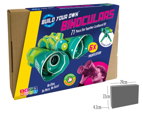 Packaging is a cardboard box with a blue sleeve with photo of assembled teal and green card binoculars. Packaging reads 'build your own binoculars, 71 piece slot together cardboard kit'. Graphics explain the kit has 6 x magnification, that the binoculars include a stand, and 'less plastic'. Along the bottom reads 'No glue, no mess, no fuss!'. In the bottom right a light-skinned boy holds the binoculars to his eyes. In the bottom right of the entire photo is the dimensions of the kit (29 by 22 by 4.2 cm)