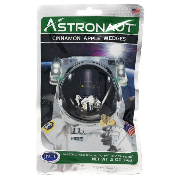 Astronaut Cinnamon Apple Wedges packet is silver and green with an image of an astronaut.