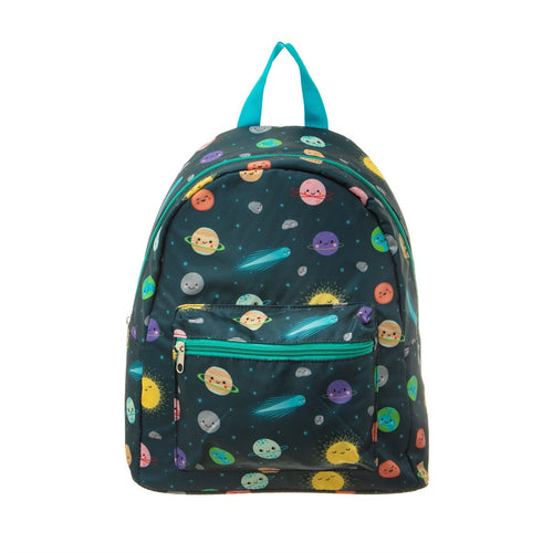 Dark blue backpack with illustrations of colourful smiling planets of different designs and colours. Zipper and handle details are a light blue. Small pouch at front. 