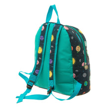 Load image into Gallery viewer, Back of bag is a teal colour, straps have same planet design. 
