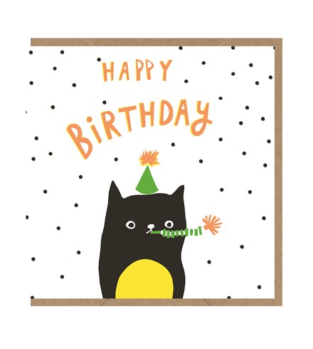 White square card with black dots and orange capital letters reading 'happy birthday'. An illustration of a black cat with a yellow stomach has a green party hat with an orange pom-pom and a party horn in it's mouth. A brown envelope is tucked inside the card.
