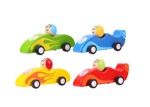 Four cars in green, blue yellow and red. Green and yellow cars have flames drawn on the side. Each car has a number one on the front. A round head is in each car seat with a different colour helmet, and a pair of glasses. All of the heads are light skinned. 