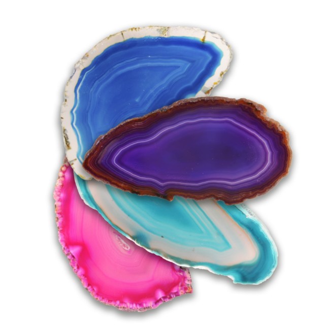 Agate slices are oval shaped and in blue, purple, turquoise and pink. 