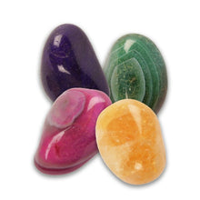 Load image into Gallery viewer, Large gemstones are polished and in a variety of colours: purple, green, pink and yellow. 
