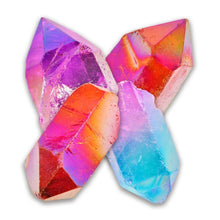 Load image into Gallery viewer, Aura crystal points are multicoloured, red purple, pink and blue and shaped into points. 
