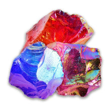 Load image into Gallery viewer, Aura dragon rocks are multicoloured red, pink, blue and purple and shaped in square-ish pieces. 
