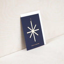 Load image into Gallery viewer, Blue card with brass star. Gold foil reads &quot;season&#39;s greetings&quot;. Envelope inside is white. 
