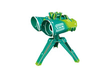 Load image into Gallery viewer, Photo of the assembled binoculars on a stand. Binoculars are made of card and are coloured teal and light green
