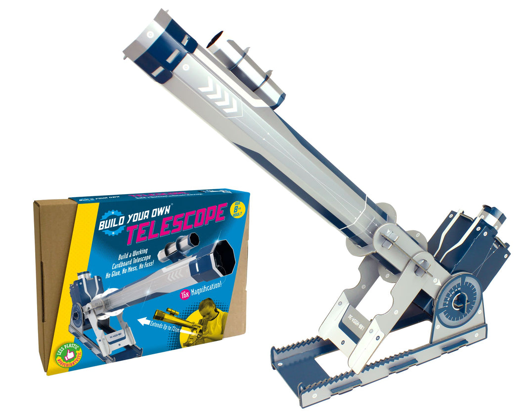 Cardboard box with blue and yellow cover and photo of a white girl looking through the microscope reads 'Build Your Own Telescope' and next to the box is the built cardboard telescope in blue and grey. 