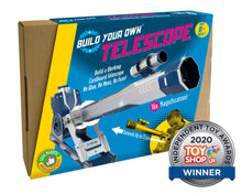 Load image into Gallery viewer, Build Your Own Telescope box reads &#39;build a cardboard telescope no glue, no mess, no fuss! 16x magnification, extends up to 72cm.&#39; There&#39;s a logo which reads &#39;Less plastic&#39;, and another saying &#39;age 8 to adult&#39;. Superimposed on the image is an award symbol for Independent Toy Awards 2020 Toy Shop UK Winner.
