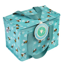 Load image into Gallery viewer, Blue lunch bag with black and yellow bees. Bag is rectangular and zips up at the top. It has two fabric handles.  A card tag is attached with a plastic fastener.
