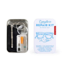 Load image into Gallery viewer, Repair kit open with contents showing inside and lid off to the side. Lid is white with blue letters reading &#39;Eyeglass repair kit, 16 piece set&#39; with contents listed below illustration of glasses.
