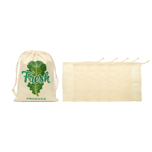 Cotton drawstring bag with 'Fresh produce' written in green letters and a green illustration of a lettuce, with 5 mesh produce bags overlapping beside it. 