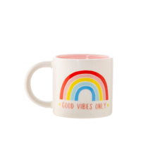 Load image into Gallery viewer, White mug reads &quot;good vibes only&quot; in capital pink letters with yellow stars on either side. Above this is a rainbow with red, pink, yellow, light blue, and medium blue arches. The inside is pale pink.
