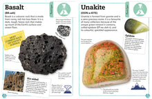 Load image into Gallery viewer, Pages 22-23 focus on Basalt and Unakite, two types of volcanic rock. In the top right there is an infographic showing &quot;rock type&quot; with a picture of a volcano. Each page shows 2 photos of each rock. Under the rock names are pronunciation guides and details about the rock.
