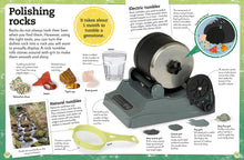Load image into Gallery viewer, Page 54-55 focus on &quot;polishing rocks&quot;. There&#39;s a photo of an electric tumbler used to polish stones. There are photos of different types of grit, polished versus unpolished gems. An infographic reads &quot;it takes about 1 month to tumble a gemstone.&quot;
