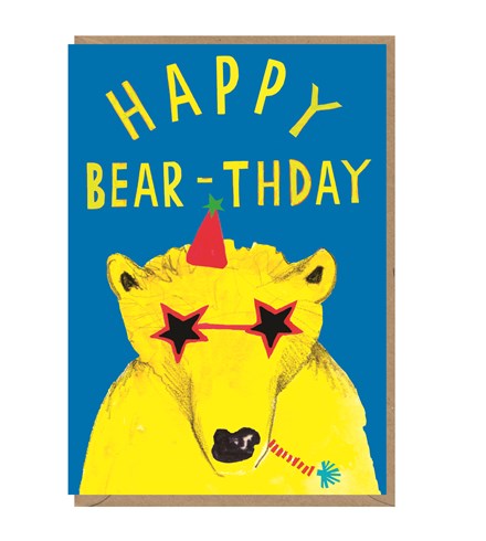 Blue card with a yellow bear wearing red star-shaped sunglasses with black lenses, a red party hat on it's head, and a party horn in it's mouth. Above the bear reads 'Happy Bear-Thday'. A brown envelope is tucked inside the card.