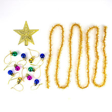Load image into Gallery viewer, Contents show 10 baubles in green, blue, gold and pink, a gold star and gold tinsel. 
