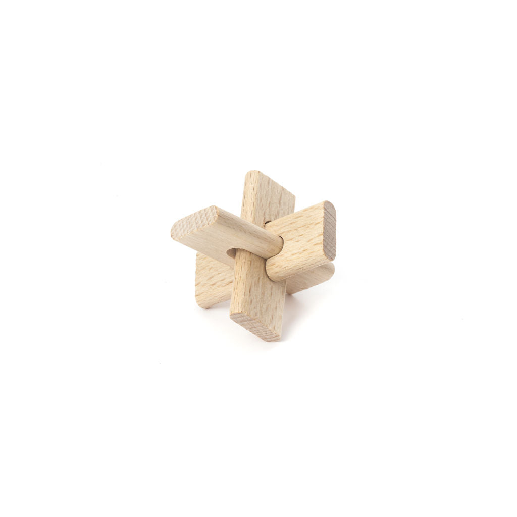 Wooden puzzle with 3 interlocking pieces of wood to form a 3D x. 